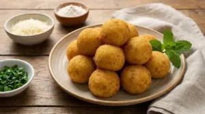 Polpette di patate dorate e croccanti servite su un piatto, con ingredienti semplici sullo sfondo
