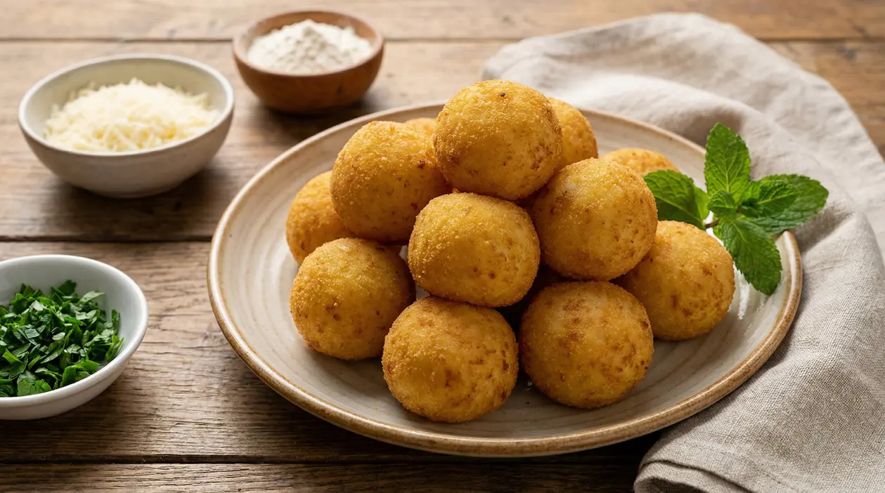 Polpette di patate dorate e croccanti servite su un piatto, con ingredienti semplici sullo sfondo