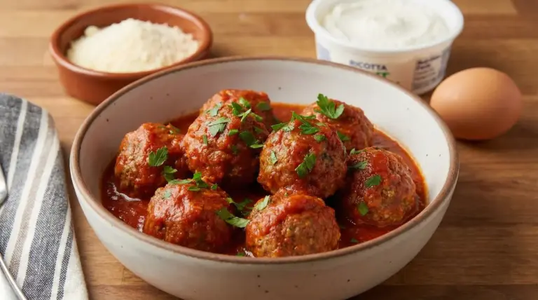 Polpette al sugo in ciotola con prezzemolo, accanto a ricotta, parmigiano e uovo su un piano in legno