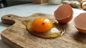 Tuorlo d’uovo crudo con un piccolo puntino rosso su tagliere di legno accanto ai gusci rotti