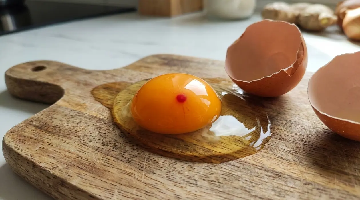Tuorlo d’uovo crudo con un piccolo puntino rosso su tagliere di legno accanto ai gusci rotti