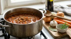 Pentola di ragù alla bolognese sul fuoco con carote, cipolle, aglio e rosmarino su un tagliere