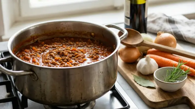 Pentola di ragù alla bolognese sul fuoco con carote, cipolle, aglio e rosmarino su un tagliere