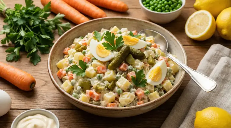 Insalata russa in ciotola con patate, carote, piselli, cetriolini, uova sode e maionese