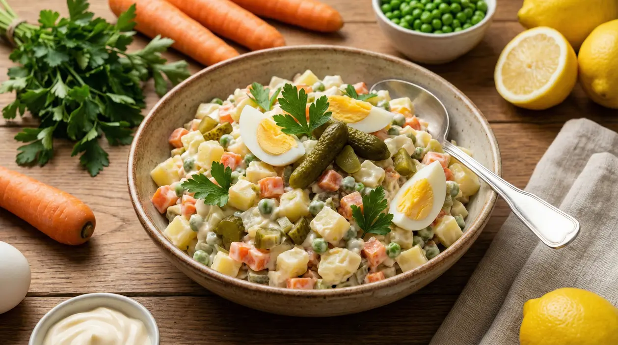 Insalata russa in ciotola con patate, carote, piselli, cetriolini, uova sode e maionese