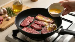 Fettine di carne in padella con condimento versato sopra, accanto a olio, aglio e rosmarino