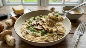 Piatto di risotto ai funghi porcini cremoso con scaglie di formaggio, porcini freschi e cucchiaio in primo piano