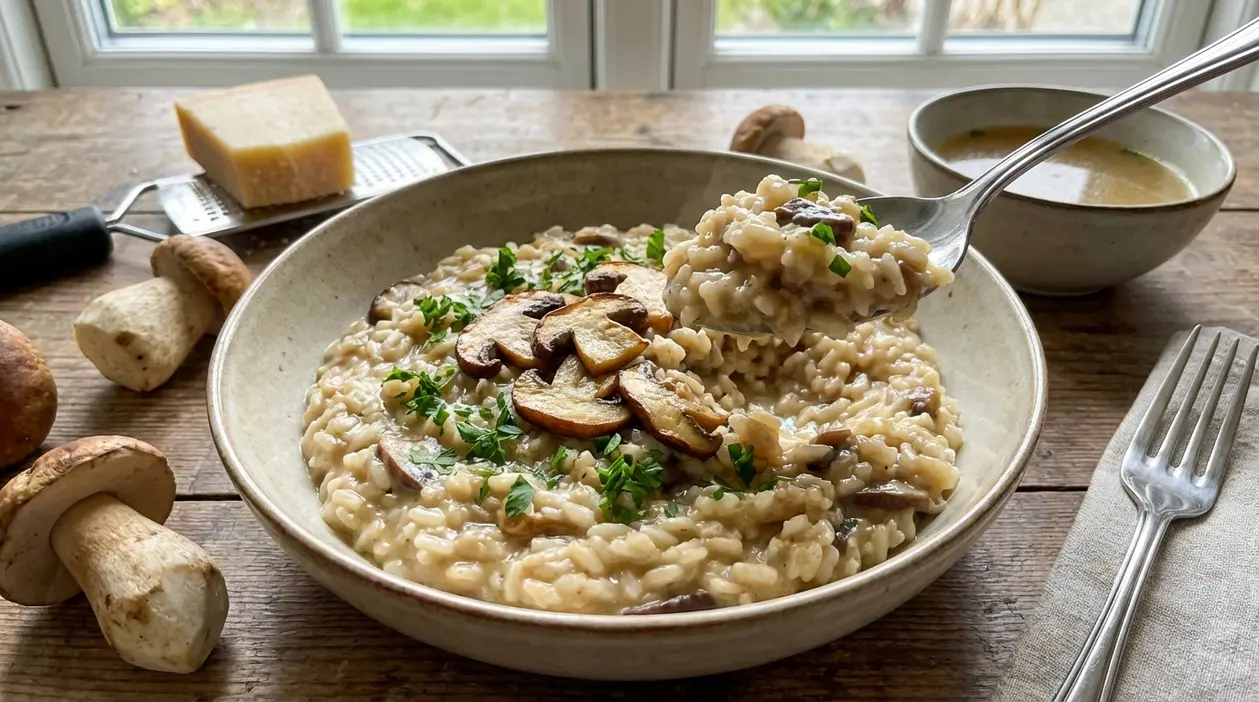 Piatto di risotto ai funghi porcini cremoso con scaglie di formaggio, porcini freschi e cucchiaio in primo piano