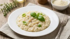 Piatto di risotto cremoso guarnito con basilico fresco e pepe nero su tavolo rustico