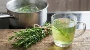 Tazza di infuso al rosmarino con rametti freschi e pentola sul fuoco in cucina