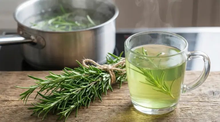 Tazza di infuso al rosmarino con rametti freschi e pentola sul fuoco in cucina