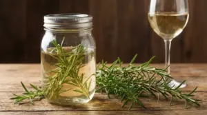 Barattolo con rosmarino in infusione nel vino bianco su tavolo rustico, accanto a un calice