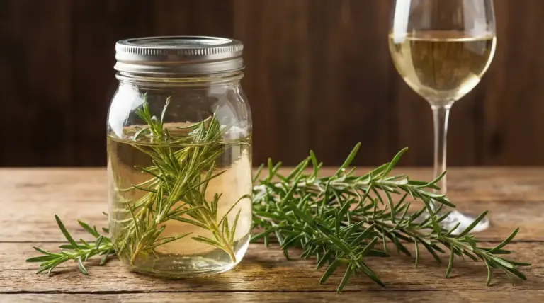 Barattolo con rosmarino in infusione nel vino bianco su tavolo rustico, accanto a un calice