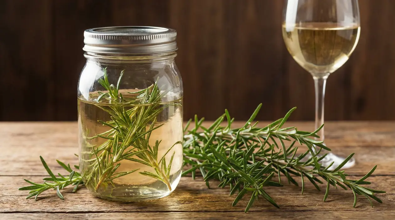 Barattolo con rosmarino in infusione nel vino bianco su tavolo rustico, accanto a un calice