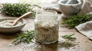 Barattolo di sale al rosmarino su tavolo rustico con rametti freschi, sale grosso e mortaio sullo sfondo