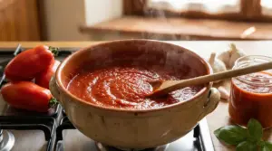 Salsa al pomodoro densa in cottura lenta in una pentola, con cucchiaio di legno e pomodori freschi accanto
