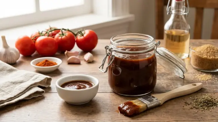 Barattolo e ciotola di salsa barbecue fatta in casa con pomodori, aglio, spezie e pennello su tavolo di legno