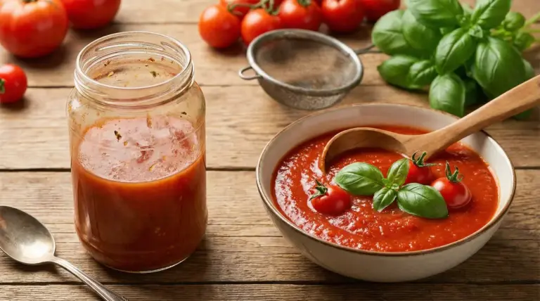 Barattolo e ciotola di salsa di pomodoro con basilico fresco su tavolo rustico