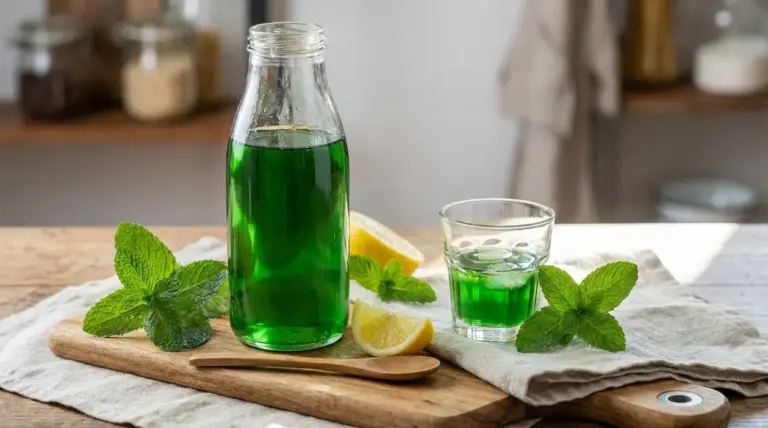 Bottiglia e bicchiere di sciroppo alla menta verde con foglie di menta fresca e spicchi di limone