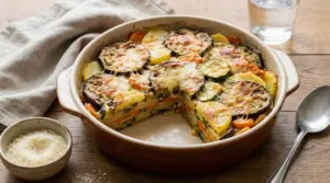 Sformato di verdure al forno con melanzane, zucchine, patate e parmigiano in pirofila