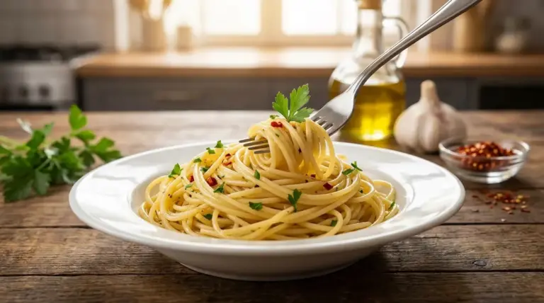 Piatto di spaghetti aglio e olio con prezzemolo e peperoncino, avvolti su una forchetta