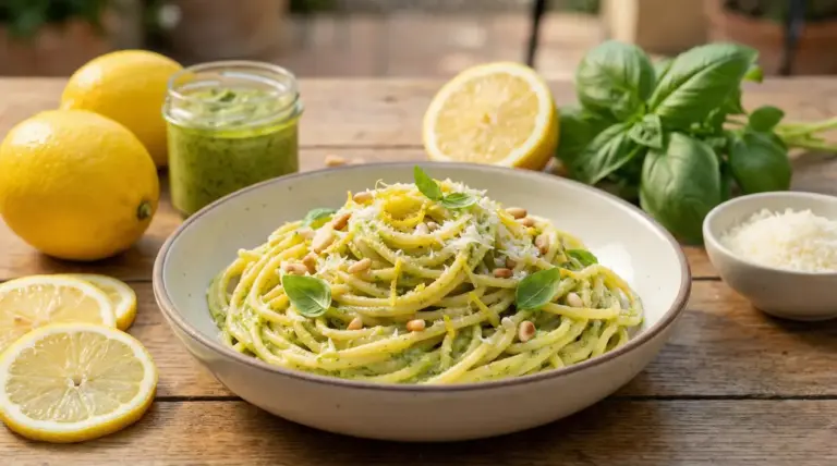 Piatto di spaghetti con pesto di limoni, basilico, pinoli e formaggio grattugiato su tavolo rustico