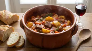Spezzatino di manzo con patate in tegame di terracotta, servito con pane rustico e bicchiere di vino rosso