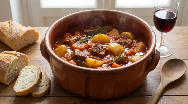 Spezzatino di manzo con patate in tegame di terracotta, servito con pane rustico e bicchiere di vino rosso