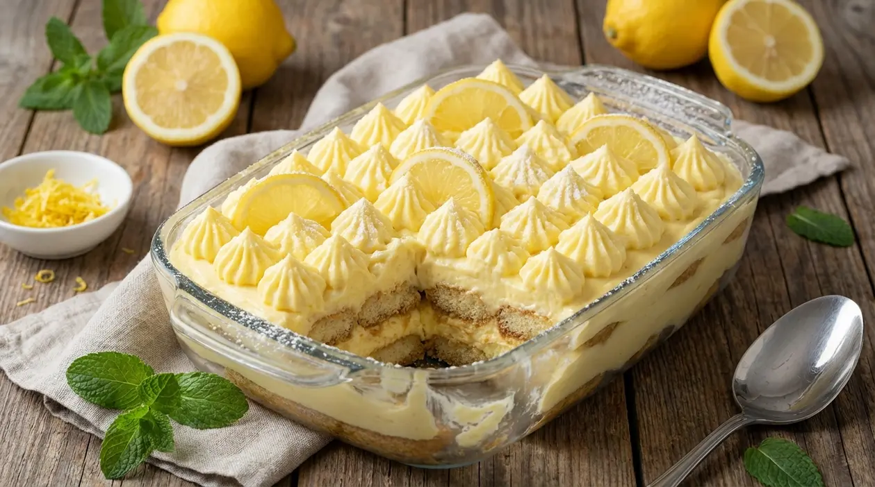 Tiramisù al limone in pirofila di vetro, decorato con ciuffi di crema e fette di limone