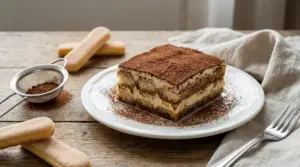 Fetta di tiramisù con cacao su piatto bianco, savoiardi e colino su tavolo rustico