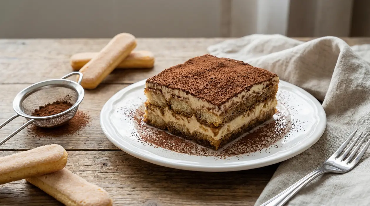 Fetta di tiramisù con cacao su piatto bianco, savoiardi e colino su tavolo rustico