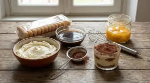 Ingredienti e coppetta di tiramisù su tavolo in legno, con crema, savoiardi, caffè, cacao e tuorli