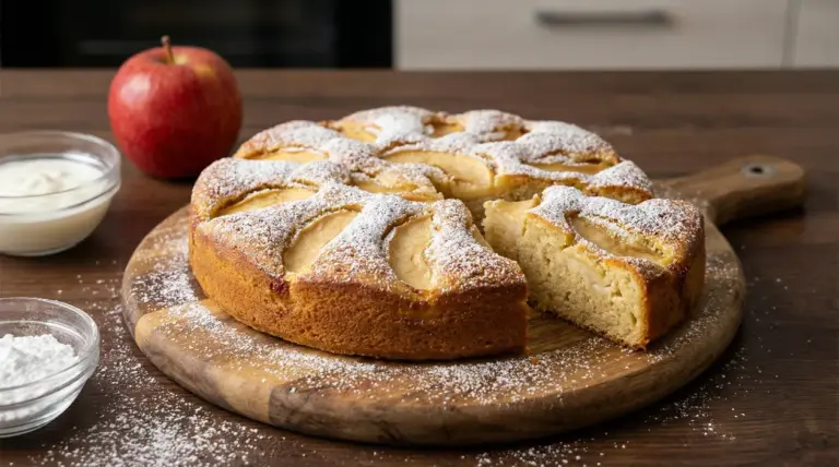 Torta di mele soffice con yogurt, spolverata di zucchero a velo e fetta tagliata su tagliere di legno