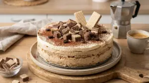 Torta fredda wafer e caffè decorata con cacao, pezzetti di wafer al cioccolato e chicchi di caffè