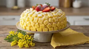 Torta mimosa soffice con cubetti di pan di Spagna, zucchero a velo e fragole su alzata