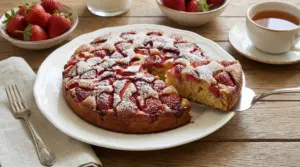 Torta soffice alle fragole con una fetta servita, spolverata di zucchero a velo su piatto bianco