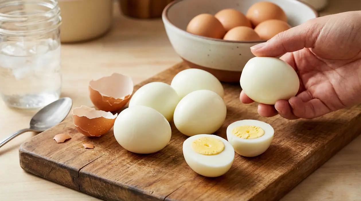Mano che mostra un uovo sodo già sgusciato su tagliere con altri uova sode e gusci rimossi