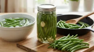 Fagiolini freschi in barattolo, in una ciotola con acqua e ghiaccio e in padella su un tagliere di legno
