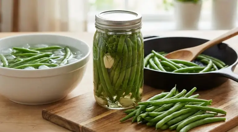 Fagiolini freschi in barattolo, in una ciotola con acqua e ghiaccio e in padella su un tagliere di legno