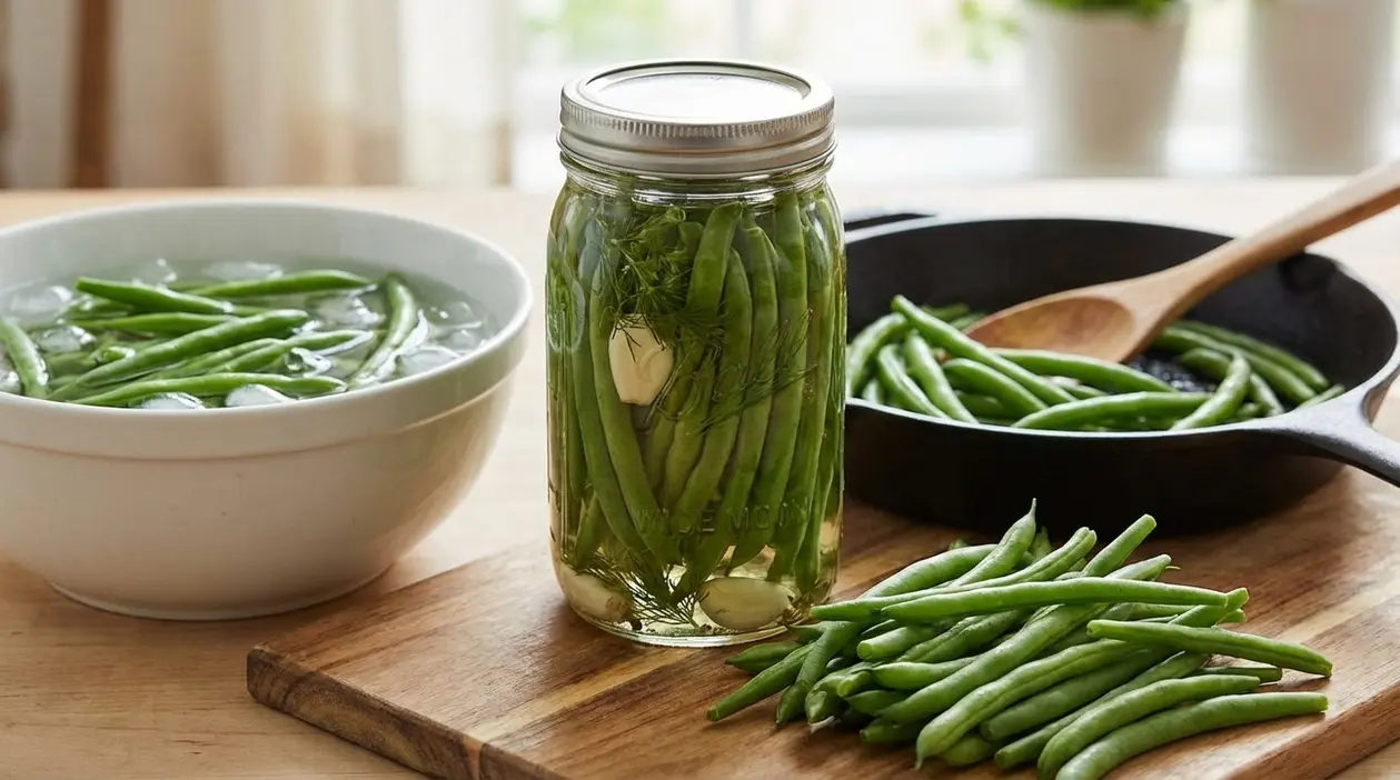 Fagiolini freschi in barattolo, in una ciotola con acqua e ghiaccio e in padella su un tagliere di legno