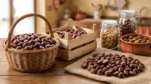 Castagne fresche e secche conservate in cesto, cassetta, barattoli e ciotola su un tavolo di cucina