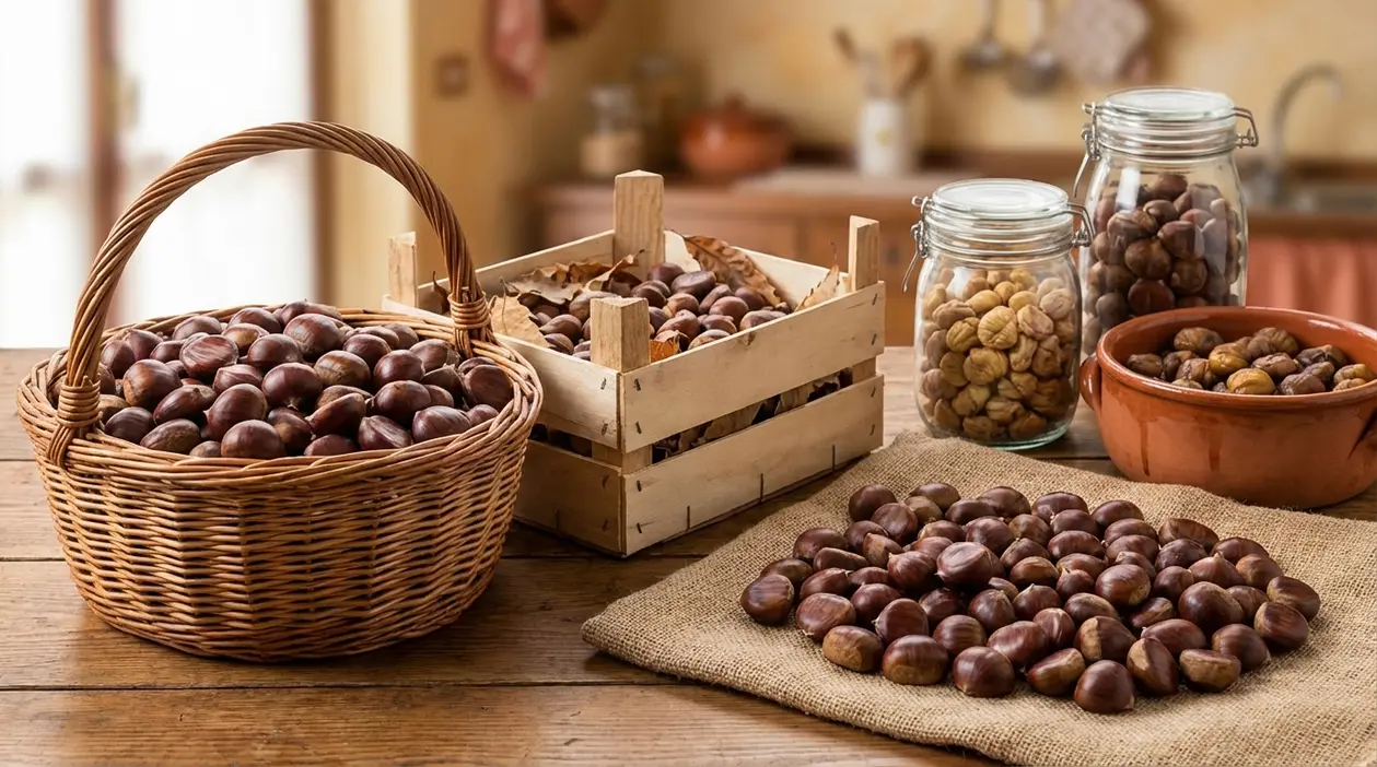 Castagne fresche e secche conservate in cesto, cassetta, barattoli e ciotola su un tavolo di cucina