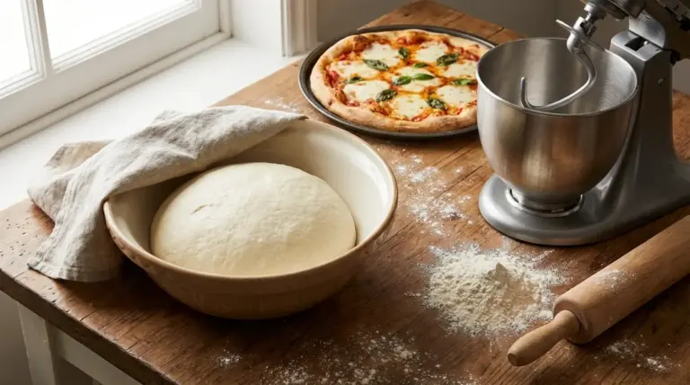 Impasto per pizza in lievitazione in una ciotola, con planetaria e pizza margherita su tavolo di legno