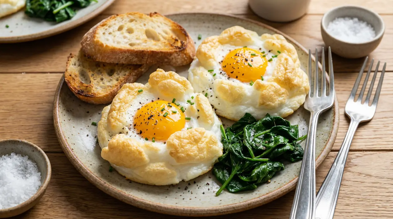 Piatto con uova alla Jova soffici, tuorlo morbido, pane tostato e spinaci saltati