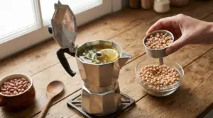 Caffettiera moka usata per preparare un infuso con limone e rosmarino, accanto a ceci su un tavolo di legno